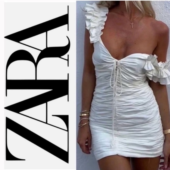 Zara White Ruffle-Strap Ruched Mini Dress - Picture 3 of 10